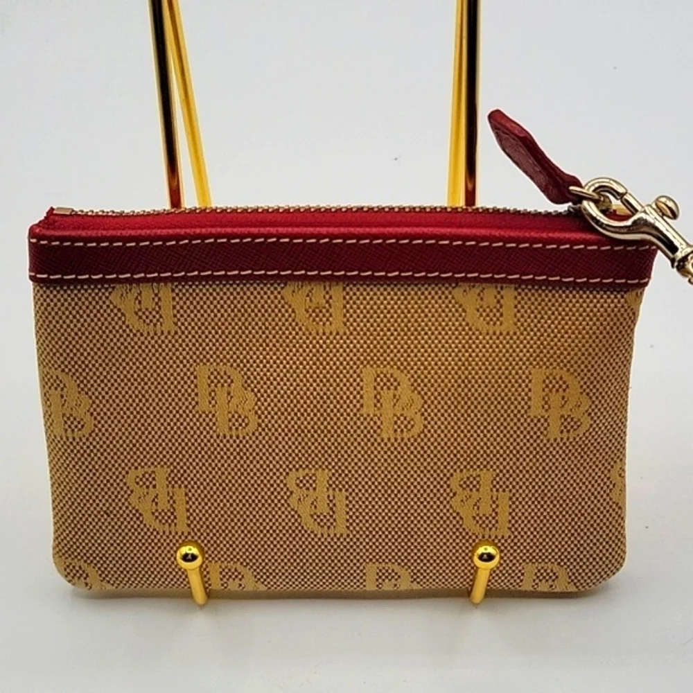 DOONEY & BOURKE Wristlet Tan Canvas DB Logo Red Leather Key Chain inside
